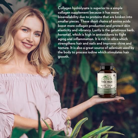 TERRA ORIGIN Healthy Hair, Skin and Nails Supplement | Collagen, Biotin, Horsetail & B-Complex | Supports Hair Strength, Skin Elasticity & Nail Growth | Vitamins for Women and Men | 60 Capsules