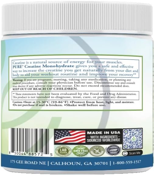 PURE® Creatine Monohydrate Powder - 300g, 60 Servings Unflavored Micronized Creatine for Muscle Growth, Strength & Recovery - 5g Per Serving - Lab Tested, Non-GMO, Made in USA