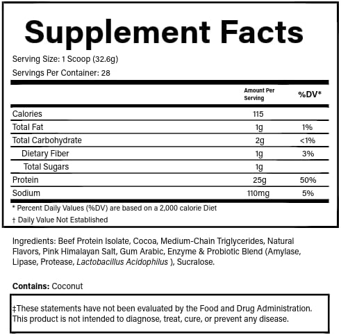 PURE® Grass-Fed Beef Protein Isolate Powder - 25g Protein, 28 Servings - Dairy-Free Paleo & Keto Friendly Protein with MCT Oil, Probiotics & Natural Collagen - No Whey or Lactose - Chocolate 913 Grams