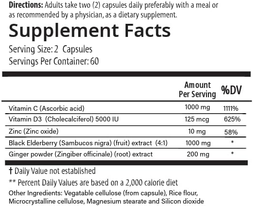 PURE® 5 in 1 Immune Formula - 120 Capsules - Black Elderberry 100 mg, Vitamin C 1000 mg, Vitamin D3 125 mcg (5000 IU), Zinc & Ginger Root - All-in-One Seasonal Defense Shield - Antioxidant Support USA