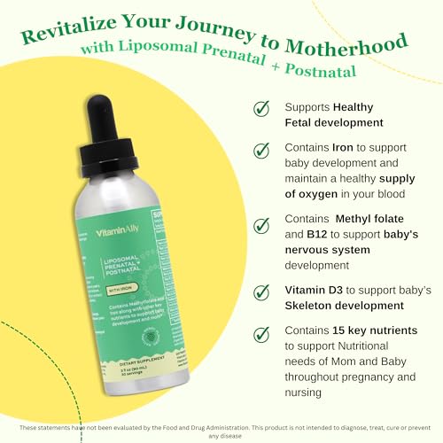 Prenatal + Postnatal liposomal Liquid Drops with Iron | 30 Day Supply | 3 FL Oz | Non-GMO