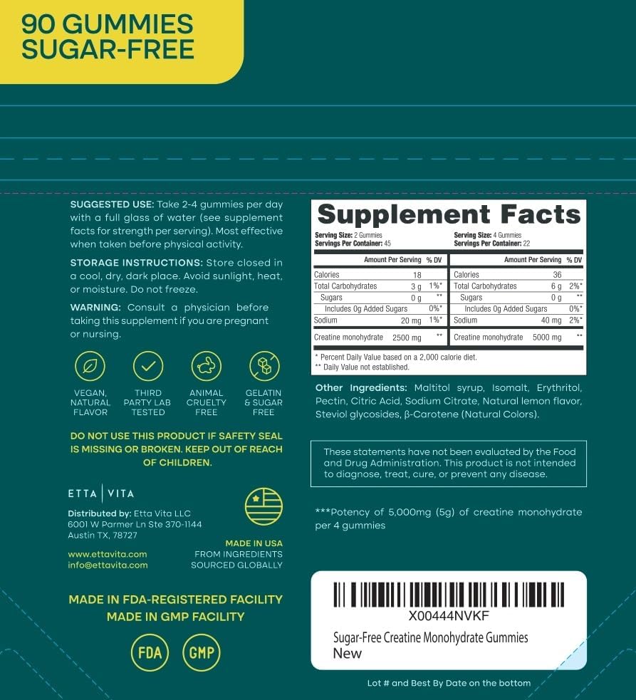 Sugar-Free Creatine Monohydrate Gummies - 5g per Serving, Lemon flavor 90Ct | Creatine gummies for women & men to support muscle, cellular energy & cognitive function, vegan, non-GMO, gluten-free, USA