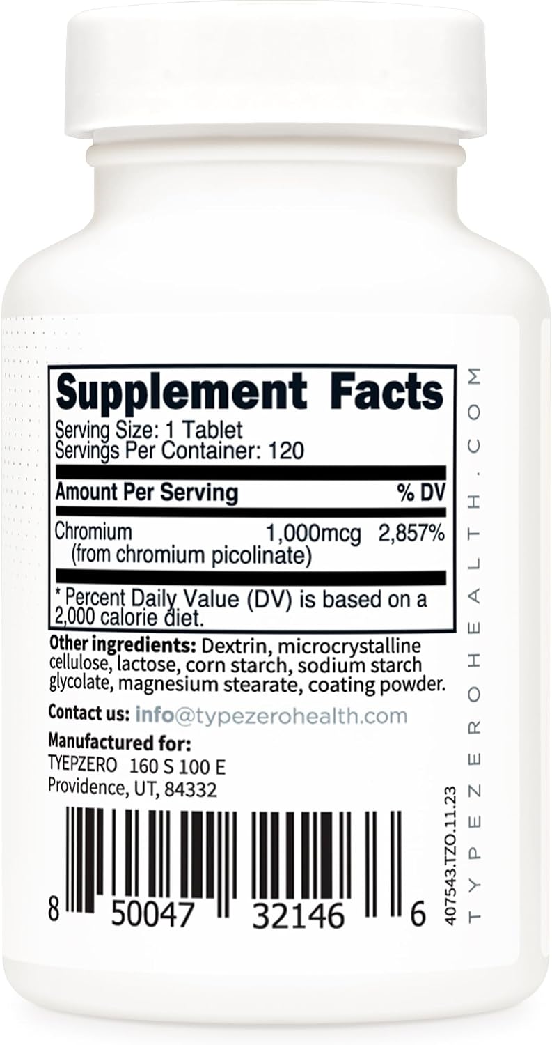 Type Zero Clean Chromium Picolinate (1000mcg) 120 Tablets, Gluten-Free | GMO-Free