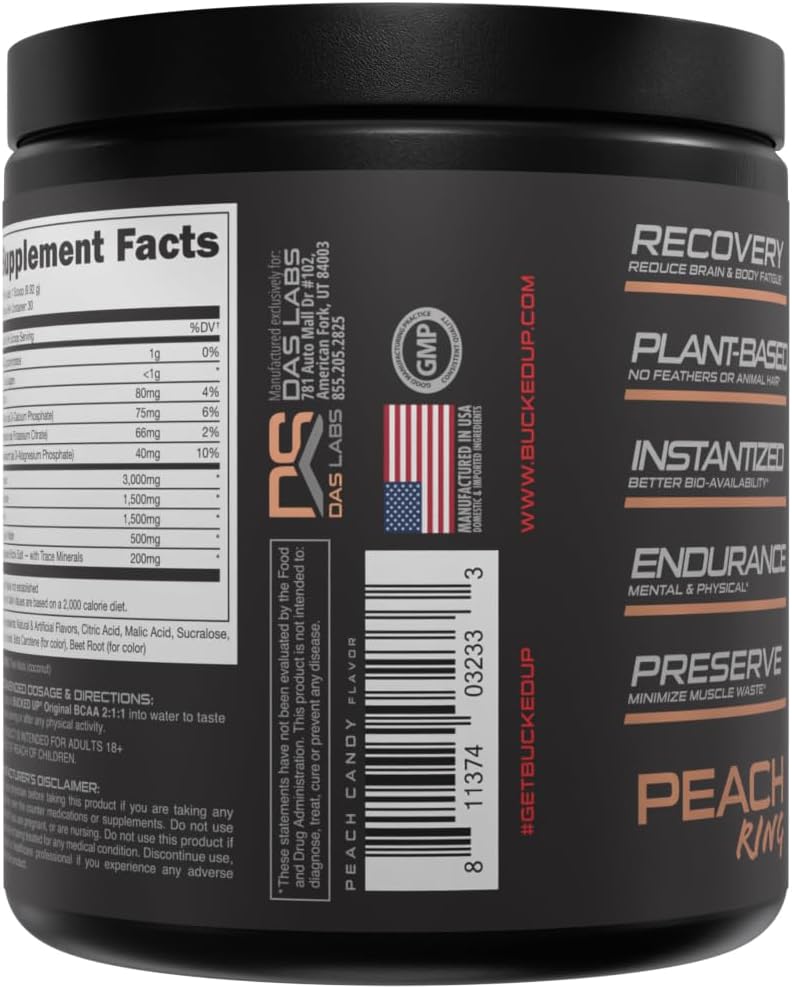 Bucked Up Original BCAA 2:1:1 Branched Chain Essential Amino Acids - Supplement Powder - | 100% Pure 2:1:1 Instantized Formula | Pre/Post Workout | 30 Servings | (Peach Ring Flavor)