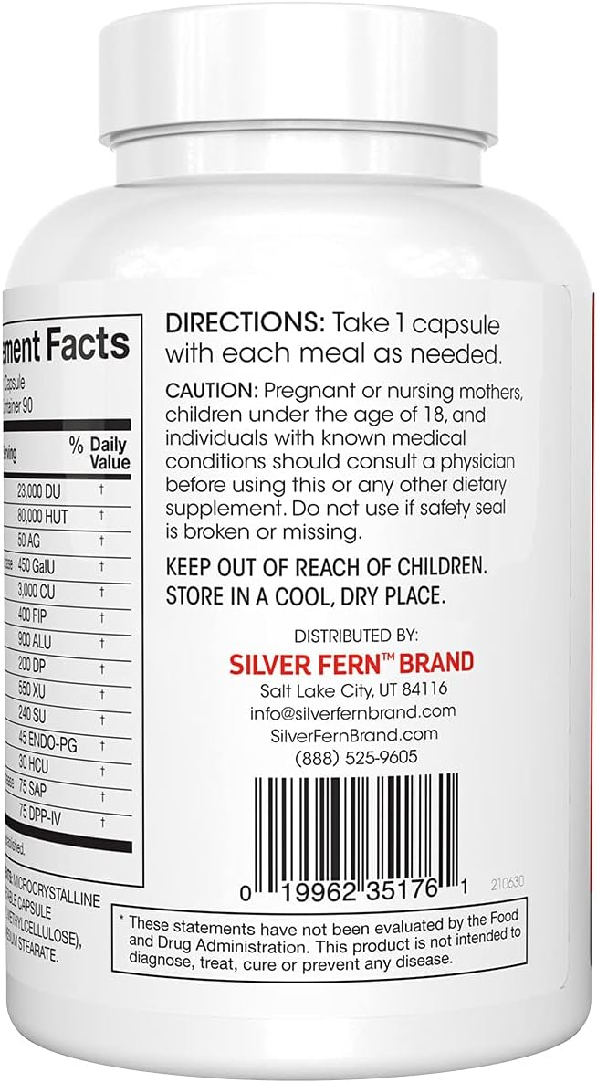 Silver Fern Brand Ultimate Digestive Enzyme Supplement 1 Bottle 90 Capsules | High Potency, Multi Enzyme - Digestive Comfort & Food Tolerance - Hemicullulase, Peptidase, Maltase, More