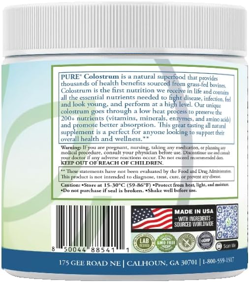 PURE® Grass-Fed Colostrum Powder - 90 Servings - 1000mg Bovine Colostrum per Scoop - Rich in Natural Bioactive Compounds & Growth Factors - Gut Health, Vitality & Wellness Support - Made in USA