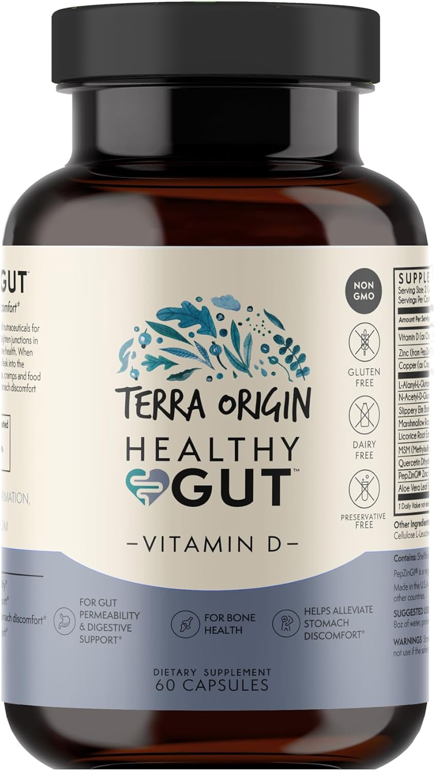 TERRA ORIGIN Healthy Gut with Vitamin D 5000 IU | 60 Capsules | Gut Health Supplements for Men and Women | Supports Digestion and Gas
