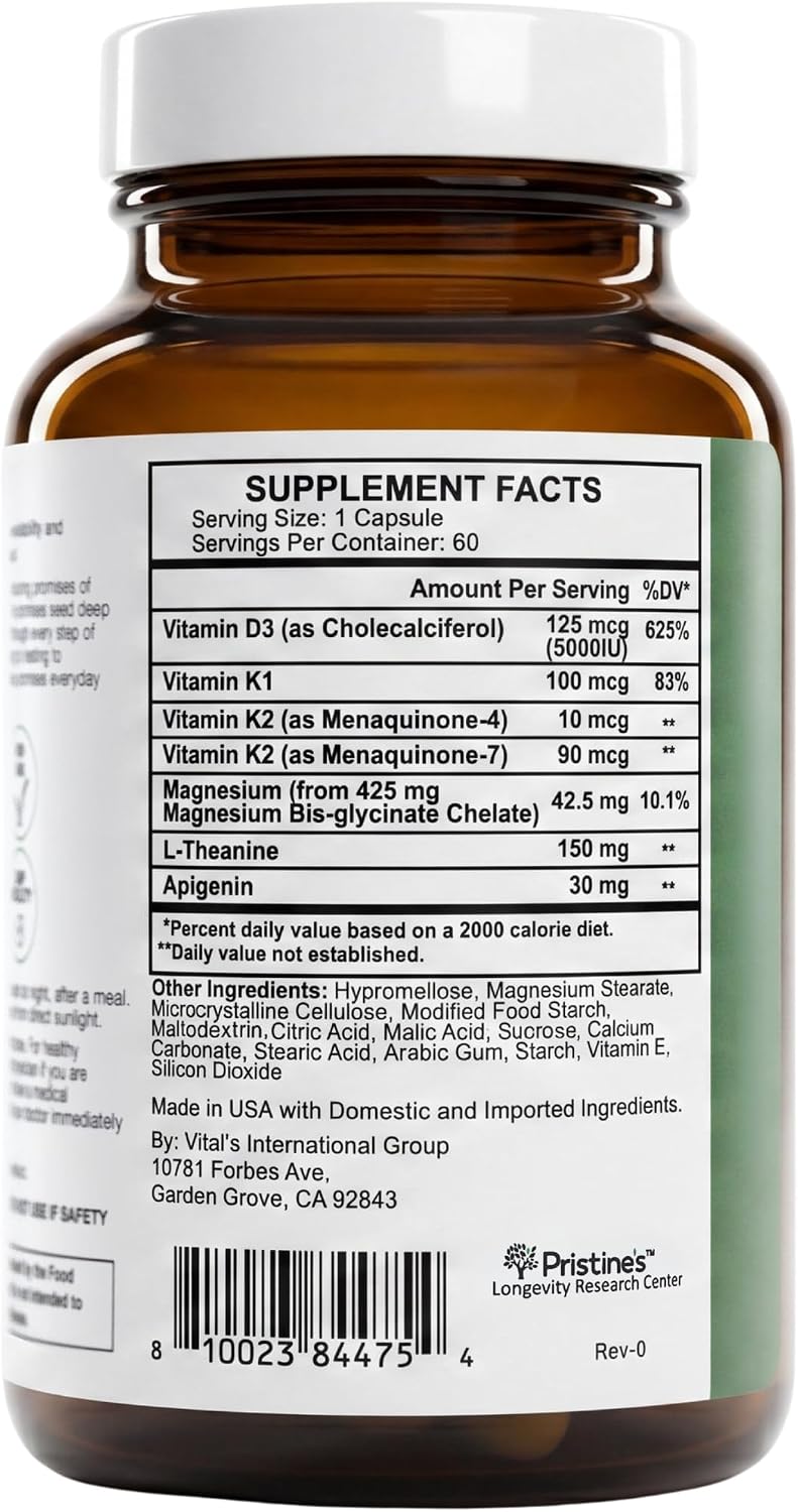 Pristine's NSF Certified Vitamin D3 K2 5000 IU with Magnesium, 60 Caps | Two forms of K2, MK-4 and MK-7, plus apigenin, L-theanine and magnesium glycinate. Non-GMO, gluten-free, NSF Certified.