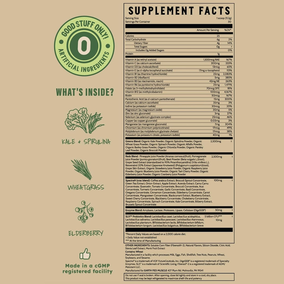 Earth Fed Muscle Greens and Reds Superfoods Blend, Piña Colada – Kale, Spirulina, Wheatgrass & Elderberry – Antioxidant Support, Vitamins & Probiotics – No Artificial Ingredients – 30 Servings | Kale, Spirulina, Wheatgrass & Elderberry, Antioxidant Suppor