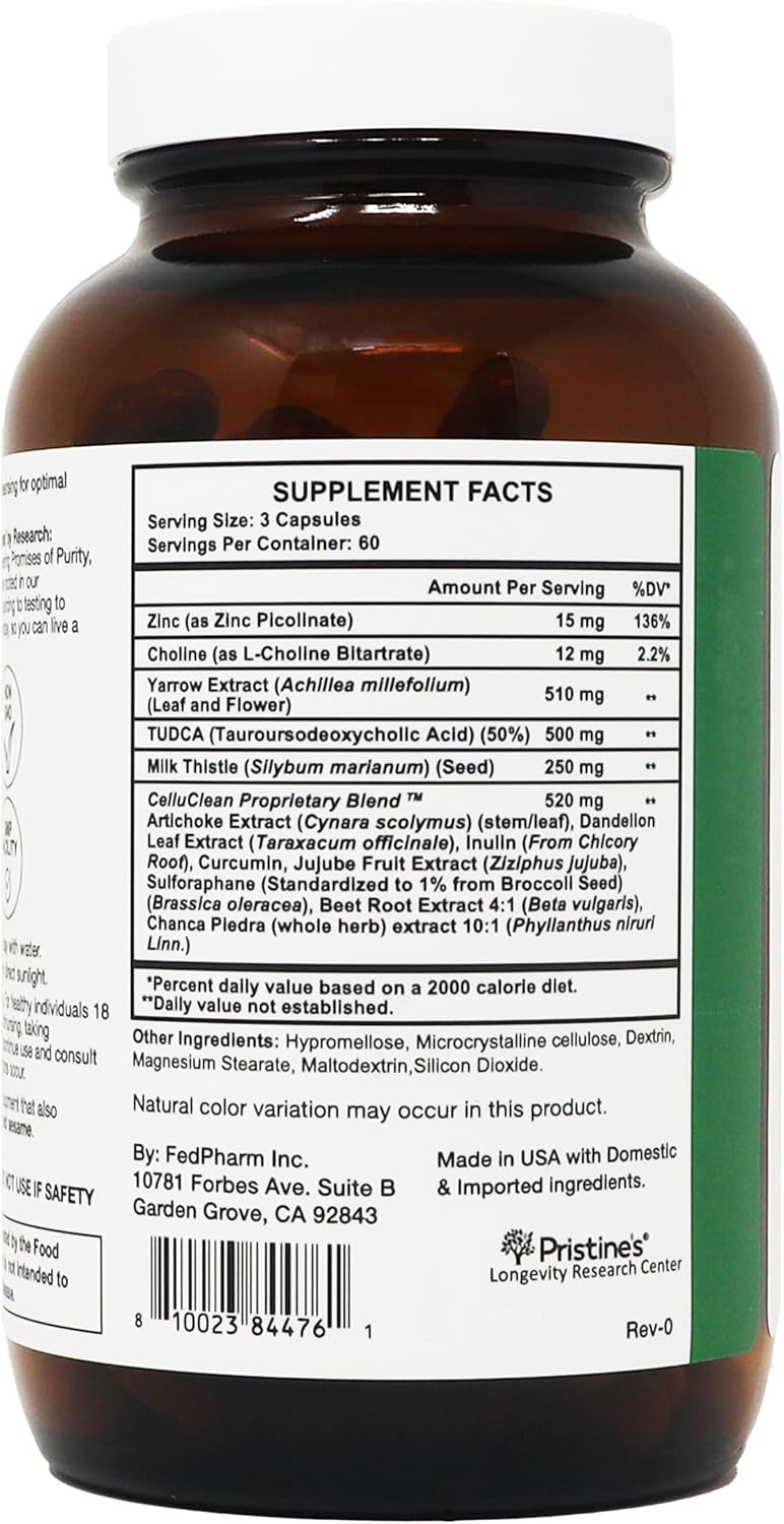 PRISTINE'S CelluClean Liver Support with TUDCA, Milk Thistle, 60 Count | TUDCA, milk thistle and yarrow in a daily liver support routine. Vegan, non-GMO, gluten-free and third-party tested formula