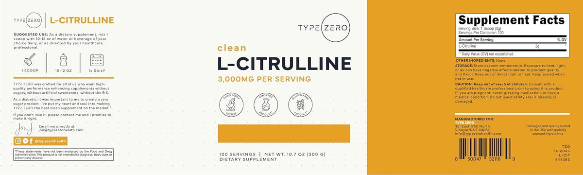 Type Zero L-Citrulline Powder, 3000mg Pump Pre Workout, 100 Servings