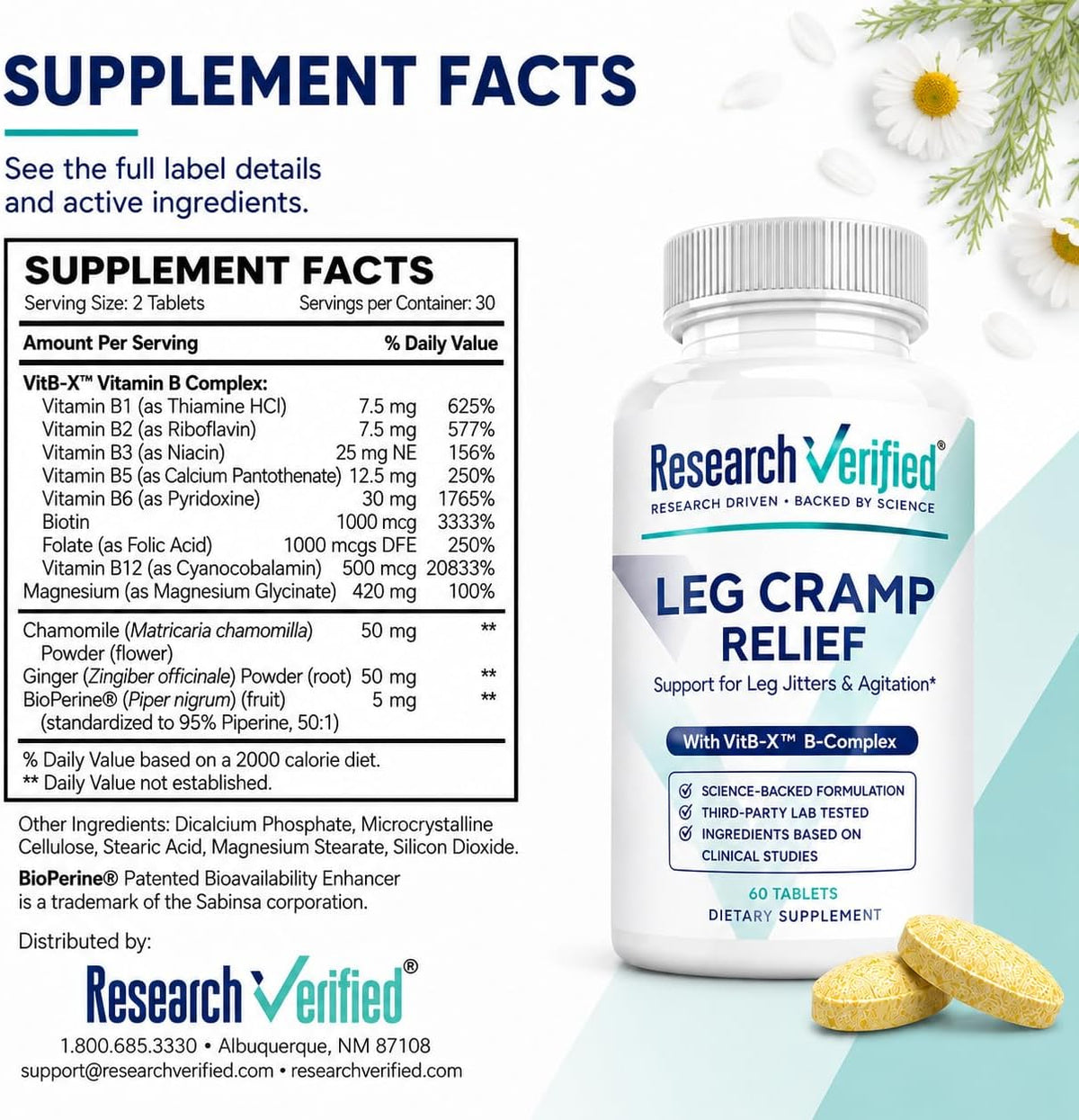 Research Verified Leg Cramps - Magnesium, B Vitamins, Ginger, Chamomile, BioPerine - Circulation Support - Vegan - 1 Month Supply