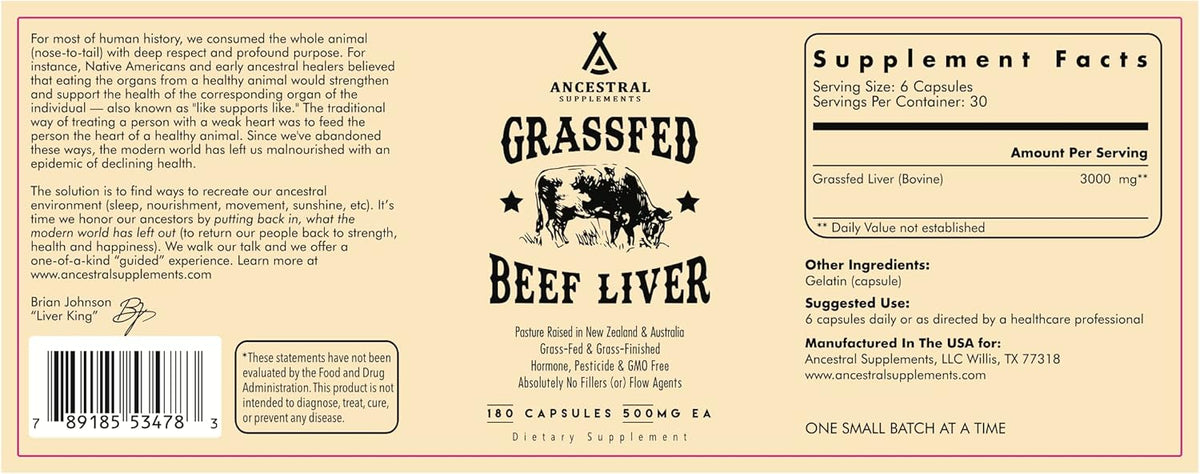 Ancestral Supplements Grass Fed Beef Liver Capsules, 180 Ct (3-Pack) | This freeze-dried beef liver supplement supports energy production, cleansing, digestion and immunity.