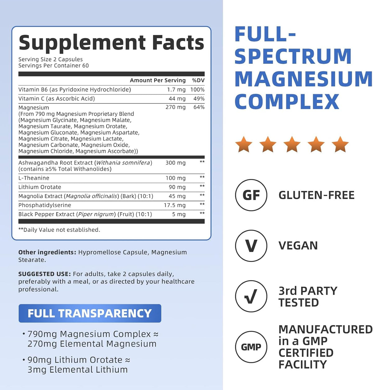 Magnesium Complex Supplement -12 Forms of Glycinate, Citrate, B6 & More | Chelated Formula Plus Ashwagandha,Lithium Orotate - Support for Sleep, Muscle & Nerves*- Men & Women Capsules- Non-GMO-120 Ct