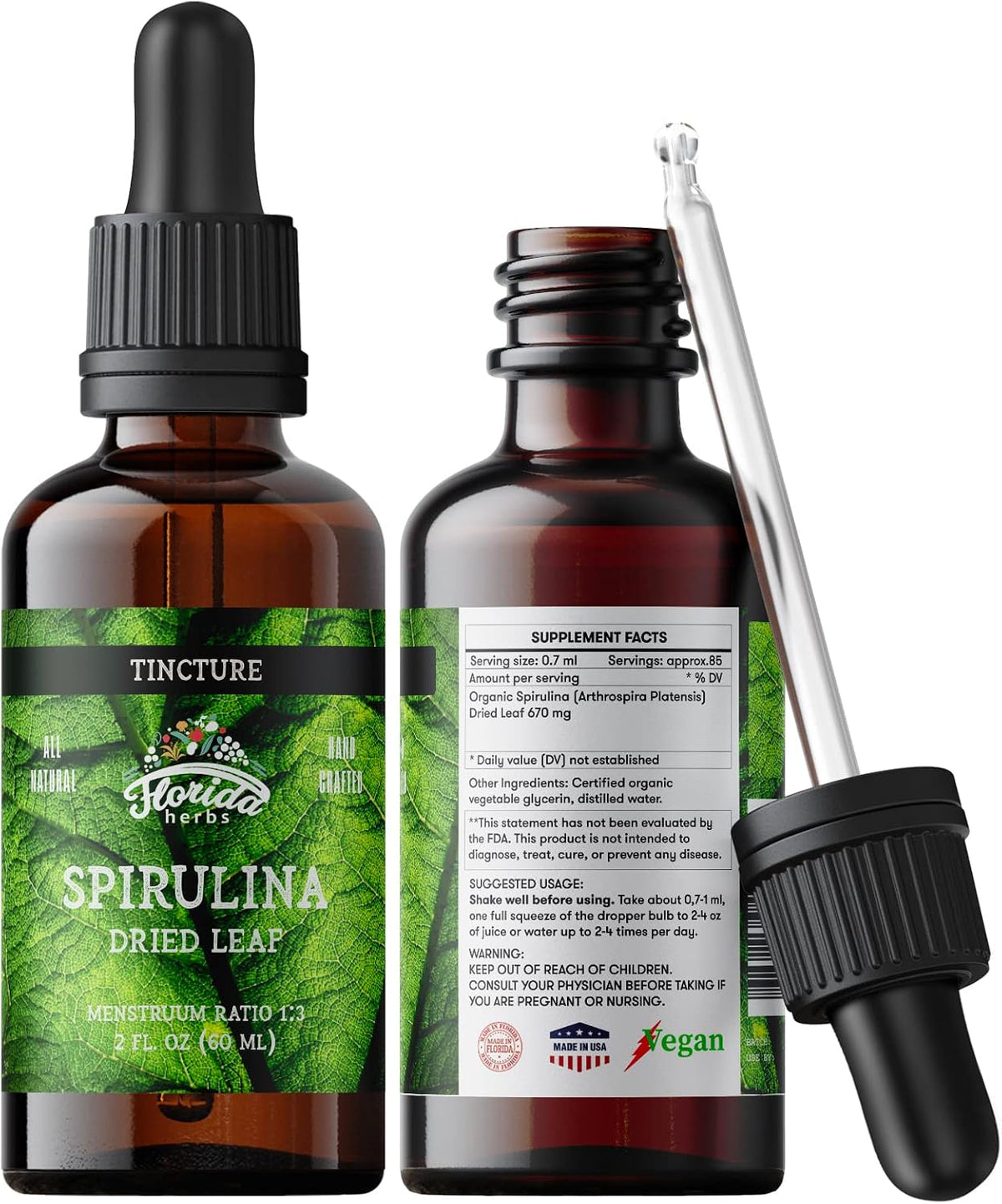 Spirulina Tincture, Organic Spirulina Extract (Arthrospira Platensis) Herbal Supplement, Non-GMO in Cold-Pressed Organic Vegetable Glycerin, 700 mg, 2 oz (60 ml)