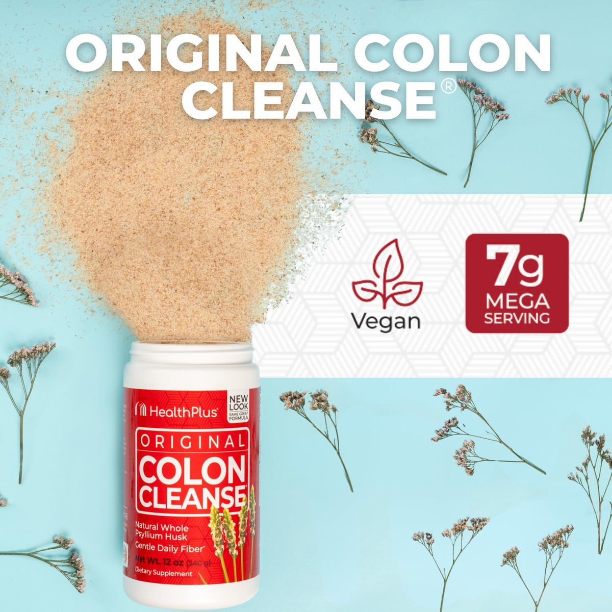Health Plus Colon Cleanse Psyllium Husk Fiber Powder, 12 oz, 48 Servings | Gluten free daily fiber powder; supports the body's natural detoxification process, regularity, and digestive wellness