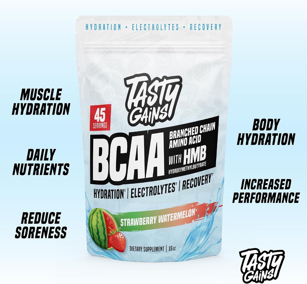 TASTY GAINS - Amino Acids Supplement - BCAA Powder, Amino Energy Powder, Essential Energy with Electrolytes, Essential BCAA & EAA with HMB - 45 Servings, Strawberry Watermelon