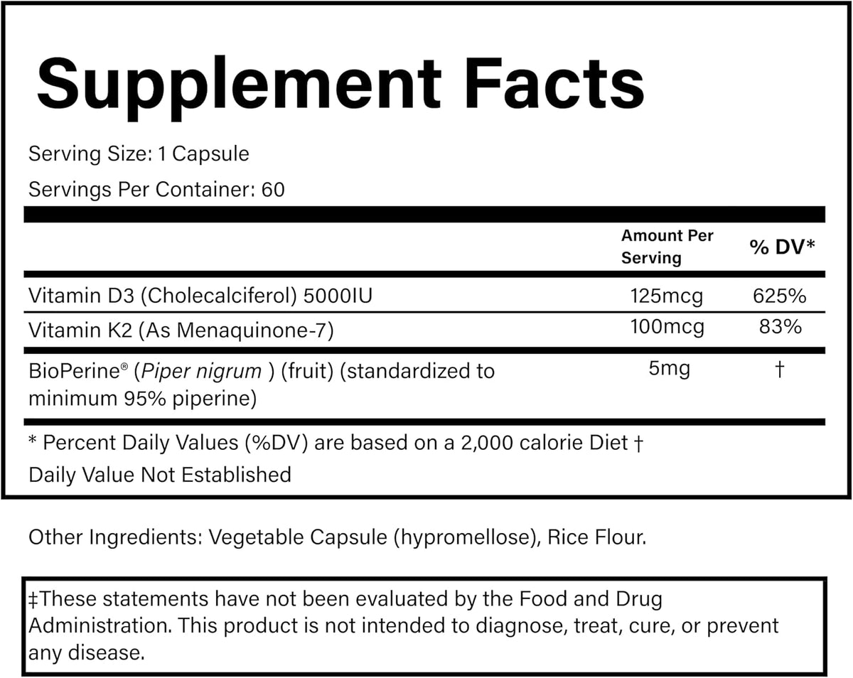 PURE® Vitamin D3 + K2 (MK-7) Supplement - 5000 IU (125mcg) D3 & 100mcg K2-60 Vegetable Capsules - with BioPerine® for Maximum Absorption - Immune, Bone & Heart Health Formula - Made in USA