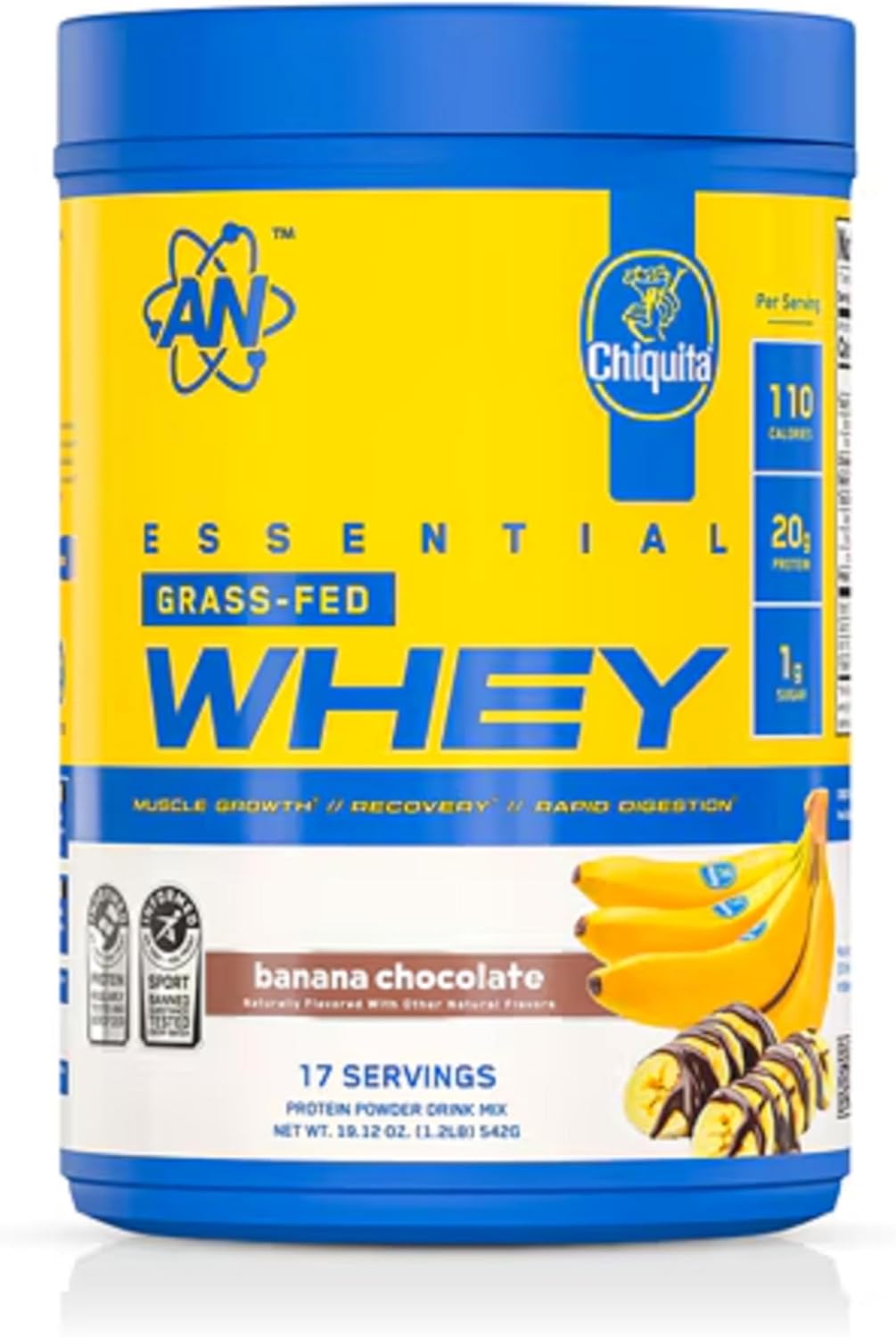 AN Supps Essential Grass Fed Whey Protein Powder | 20g Protein, 500mg Potassium, 1g Sugar | Recovery, Muscle Growth, Rapid Digestion | Gluten Free | 17 Servings (Chiquita Banana Chocolate)