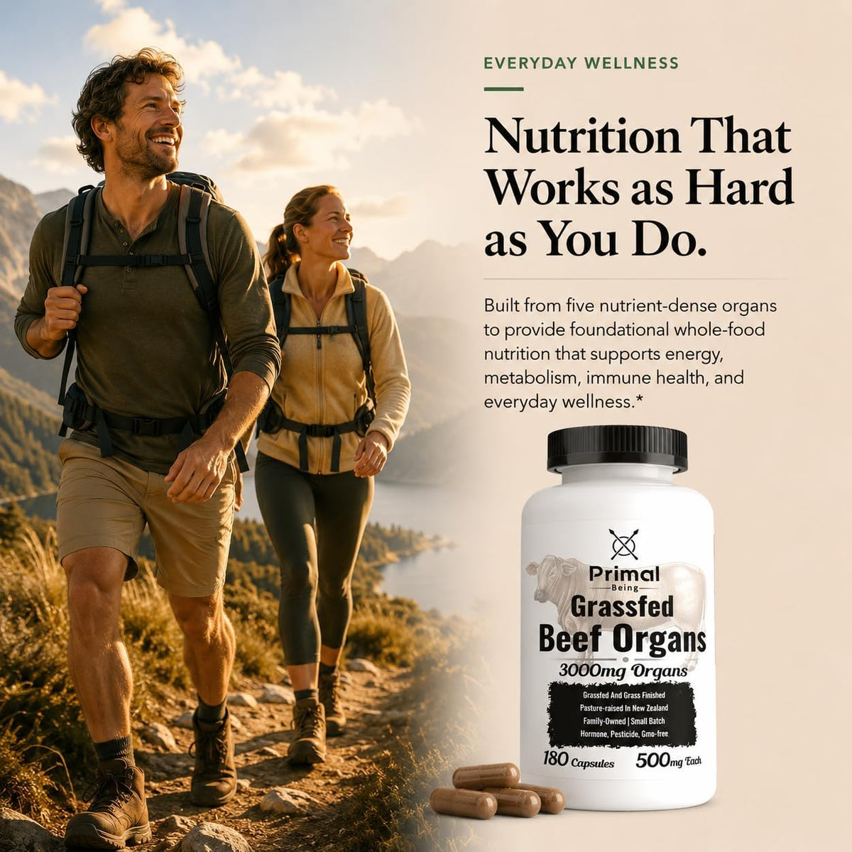 Primal Being Grassfed Beef Organ Complex - Liver, Heart, Pancreas, Spleen, & Kidney- Supports Overall Health & Performance - 180 Capsules, 3000mg per Serving
