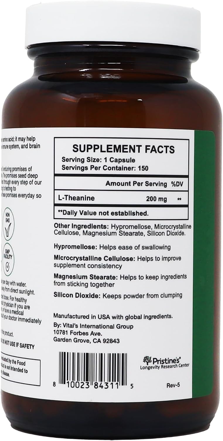 PRISTINE'S L-Theanine 200mg Capsules Sleep & Relaxation, Vegan, 150 Count | Calm focus, sleep and relaxation support without caffeine or stimulants. 150 count, vegan, non-GMO, gluten-free glass bottle