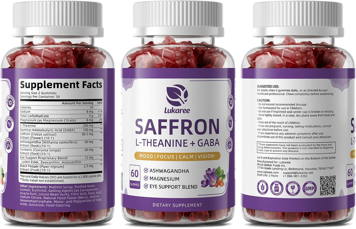 Saffron Gummies 88.5mg with L-Theanine 200mg, GABA for Mood, Focus & Vision | 10-in-1 Supplements for Adults with Ashwagandha, Eye Support Blend, GMP Certified, Sugar Free, Vegan, 60 Day Supply