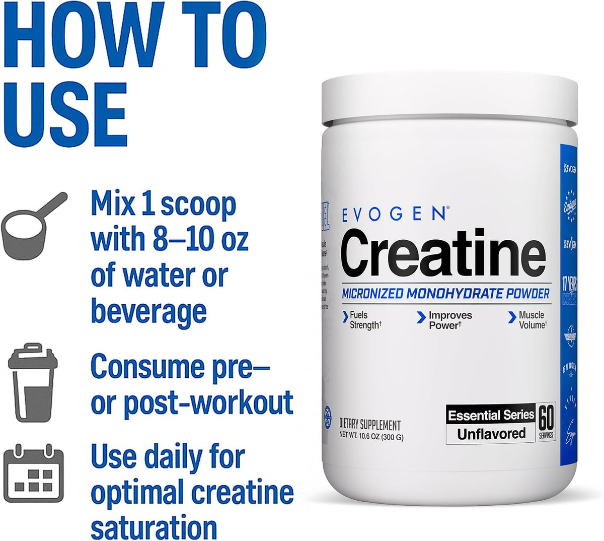 Evogen Creatine Monohydrate | Micronized | Unflavored | 60 Servings | Pure powder for strength, power and recovery; mixes easily, for men and women