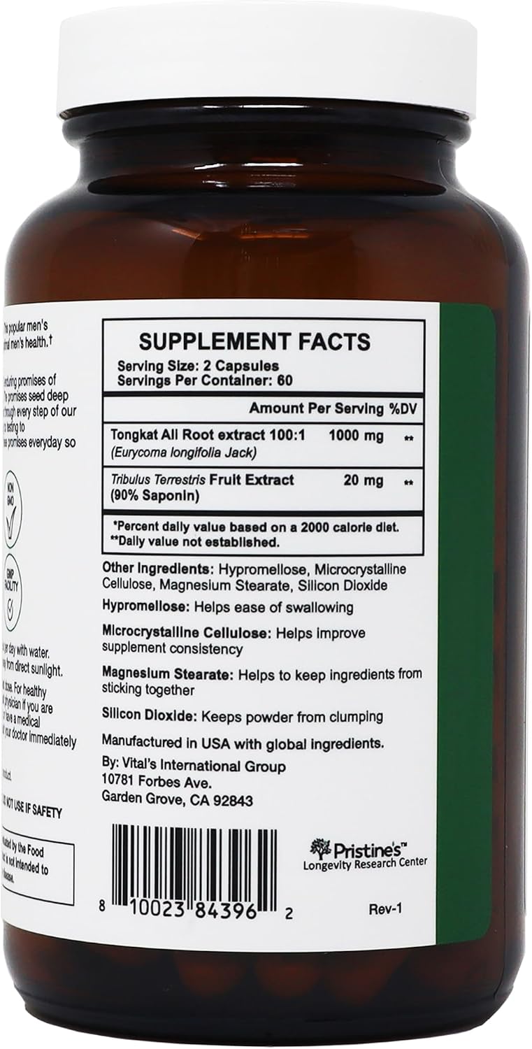PRISTINE'S Tongkat Ali Complex 1000mg with Tribulus, Vegan, 120 Capsules | Strength, drive and stamina support from a 100:1 root extract blend. Vegan, non-GMO, gluten-free, 120 capsules