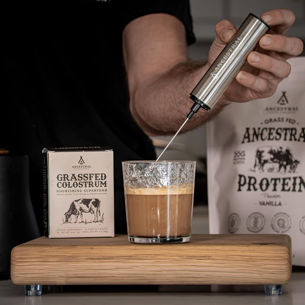 Ancestral Supplements Rechargeable Electric Frother Wand, Stainless Steel | Handheld milk frother and electric whisk for coffee, matcha latte and protein shakes. Fast, easy frothing.