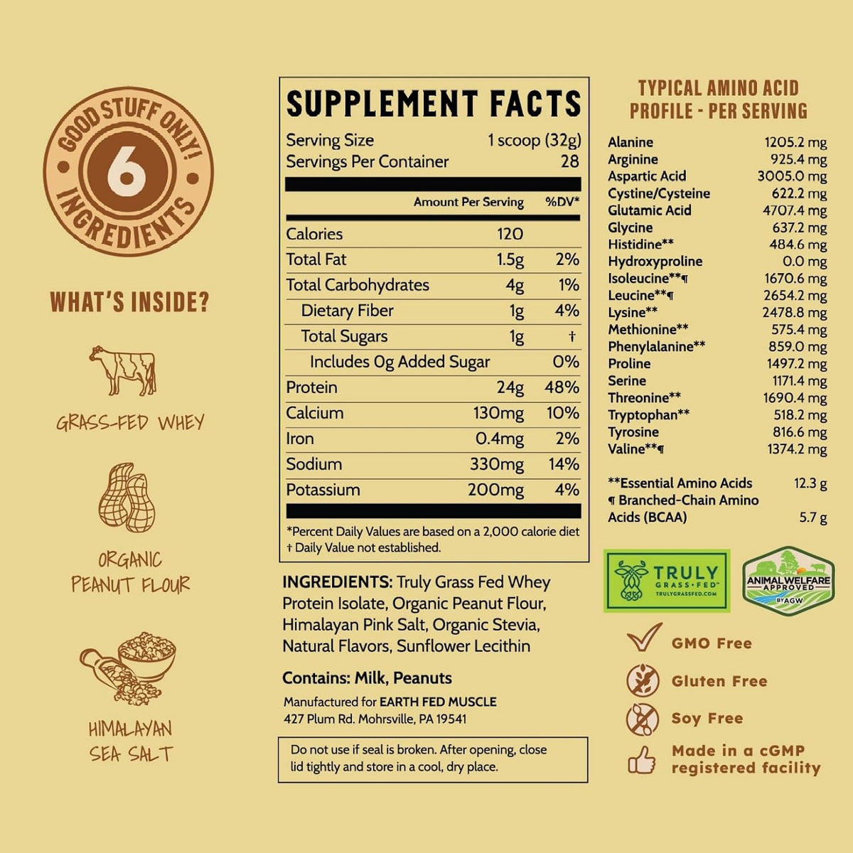 Earth Fed Muscle Crunch Irish Whey Protein, Peanut Butter Cookie | Irish grass-fed whey protein with real peanut flour. Peanut butter cookie flavor, Third-Party Certified. 2 lb tub.
