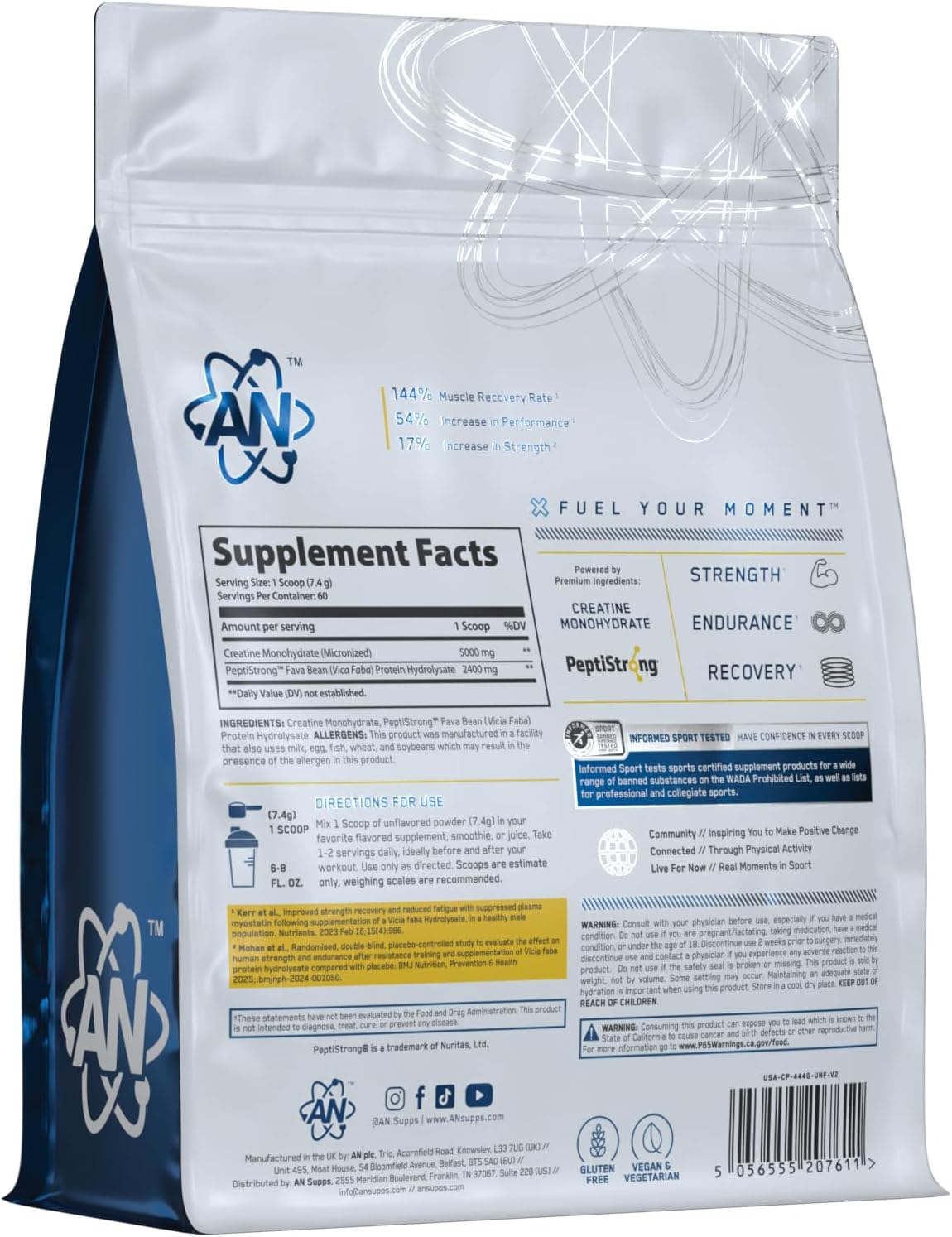 an Performance Creatine Monohydrate + Peptide | Micronized Powder | 5g Creatine, 2.4g PeptiStrong | Vegan, Gluten-Free, Non-GMO | Workout Supplement for Men & Women | Unflavored | 60 Servings