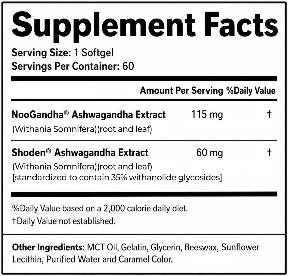 Adaptogen Cortisol Manager - NooGandha® & Shoden® Dual Ashwagandha | 35% Withanolide Glycosides for Healthy Cortisol Levels, Relaxation, Stress Relief, Calm Focus & Daily Balance - 60 Softgels