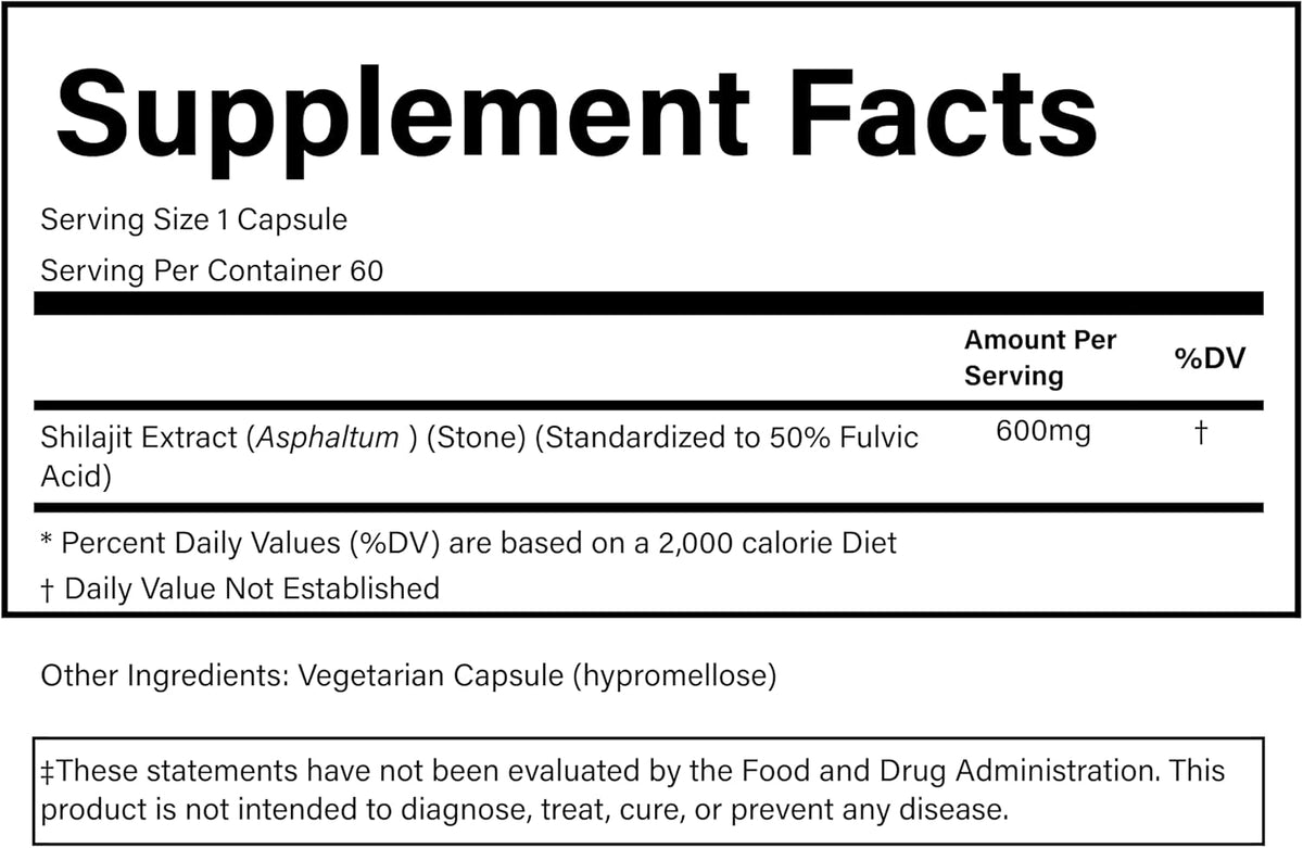 PURE® Shilajit 600mg - 60 Capsules - 50% Fulvic Acid Standardized Extract - Himalayan Wildcrafted Trace Minerals for ATP Energy & Mitochondrial Health - Made in USA