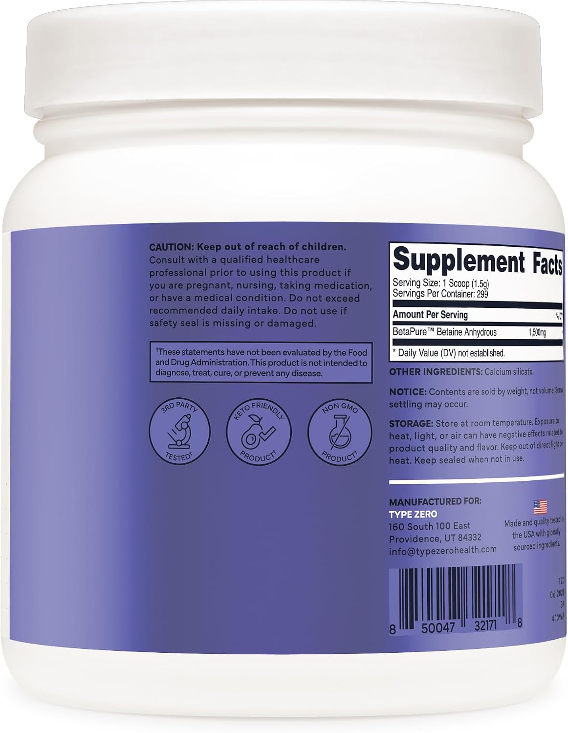 Type Zero Betaine Anhydrous Powder (1 LB) Unflavored, 1,500mg Per Serving | Clean Betaine Anhydrous Supplement, TMG, Trimethylglycine, Keto, GMO-Free