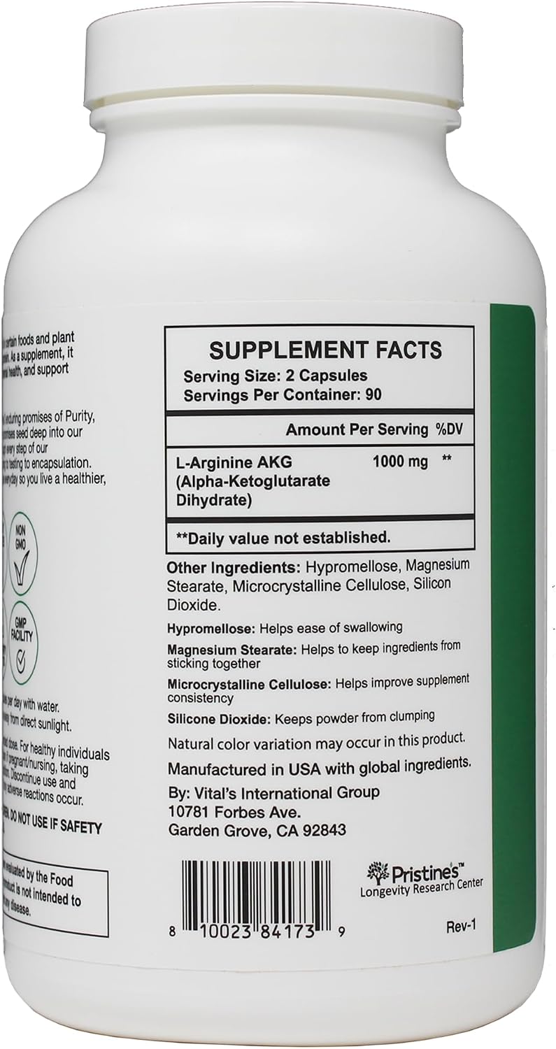 PRISTINE'S L-Arginine 1000mg Capsules, Nitric Oxide Blood Flow Support | Pre-workout amino acid support for blood flow and nitric oxide production. 90 day supply, vegan, non-GMO, gluten-free