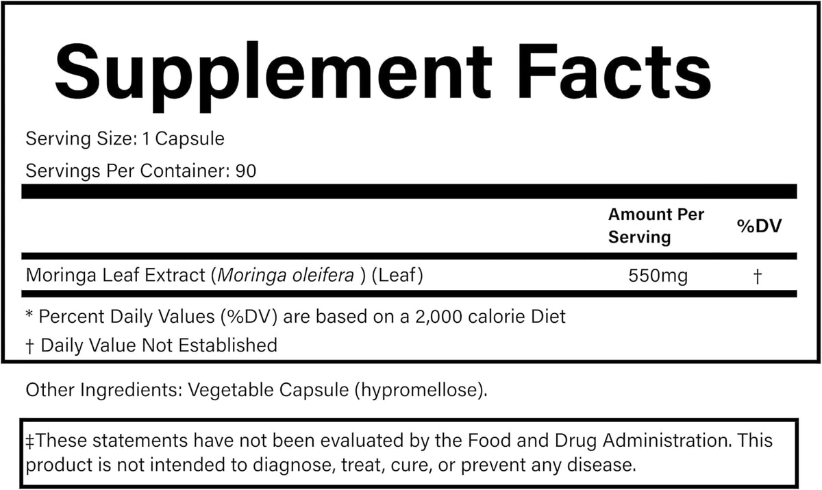 PURE® Moringa Extract 550 mg - 90 Vegetable Capsules - 10:1 Organic Leaf Extract - Nutrient Dense Superfood for Energy, Beauty, & Digestion - Non-GMO, Vegan, Made in USA