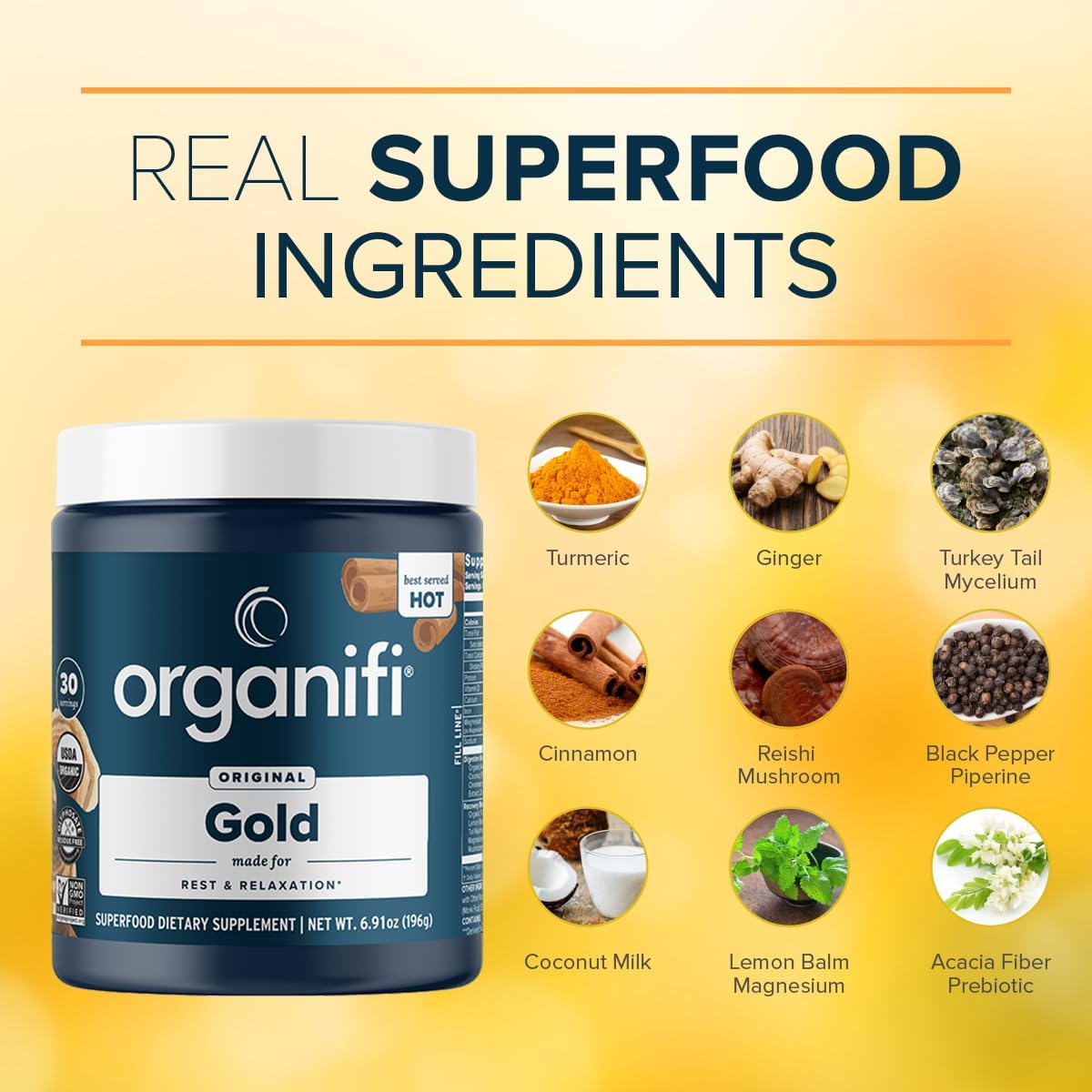 Organifi: Gold - Superfood Supplement Powder - 30 Servings - Stress Support, Better Rest, Relaxation and Promotes Restful Sleep - Turmeric and Reishi Infused