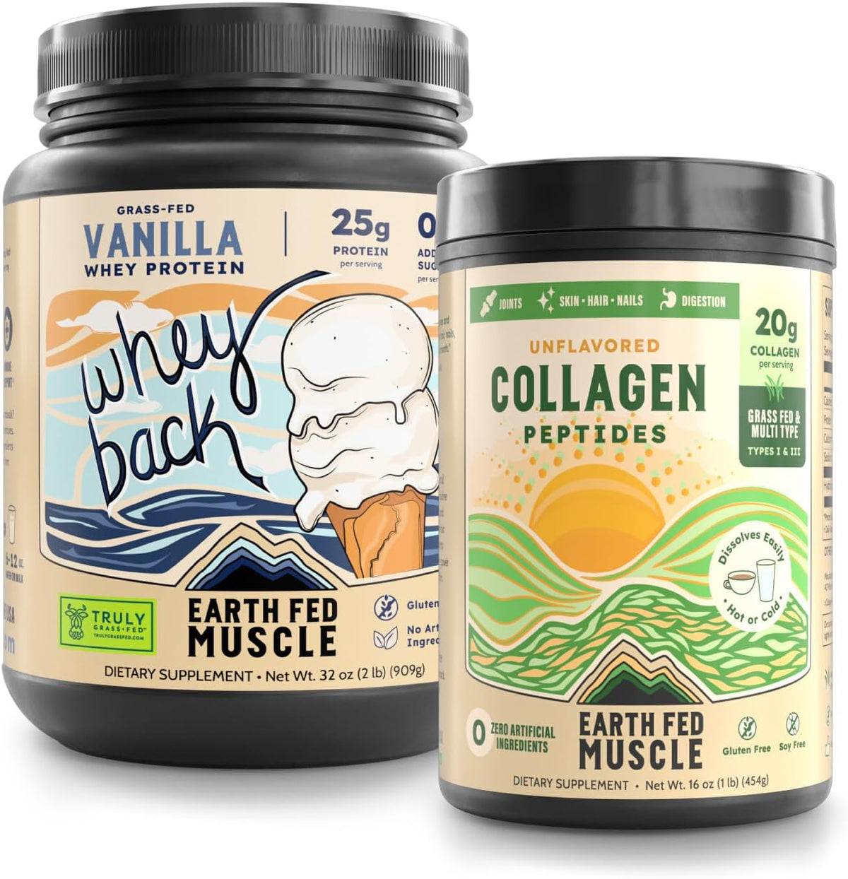 Earth Fed Muscle Vanilla Grass‑Fed Whey + Unflavored Collagen Peptides Power Bundle