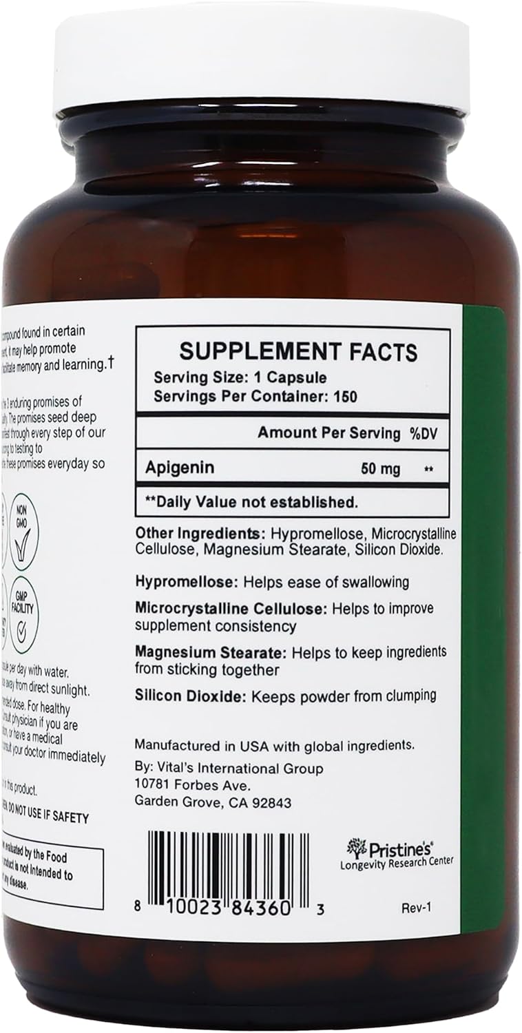 PRISTINE'S Apigenin 50mg Sleep Support Capsules, Vegan, 150 Day Supply | Evening relaxation and calm support in a simple one-capsule routine. 150 day supply, vegan, non-GMO, gluten-free