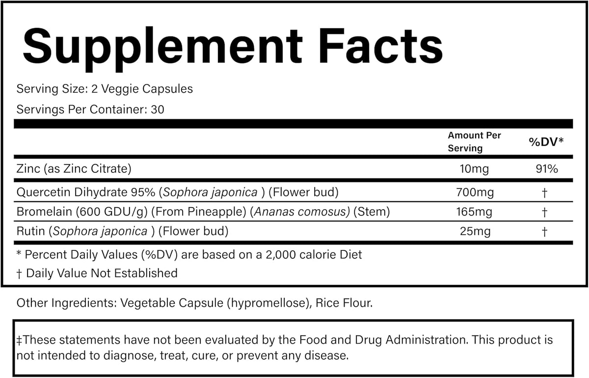 PURE® Quercetin+ with Zinc, Bromelain, Rutin Immune Shield - 60 Capsules - High Bioavailability Antioxidant Complex for Respiratory Health & Viral Defense - Made in USA