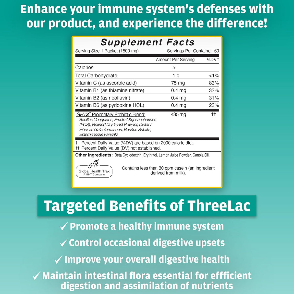 Global Health Trax GHT - ThreeLac Lemon Probiotic Drink Mix for Digestive Health - Advanced Probiotic Powder Formula for Men, Women & Kids - Immune Support & Gut Balance, Non-GMO - 60 Packets