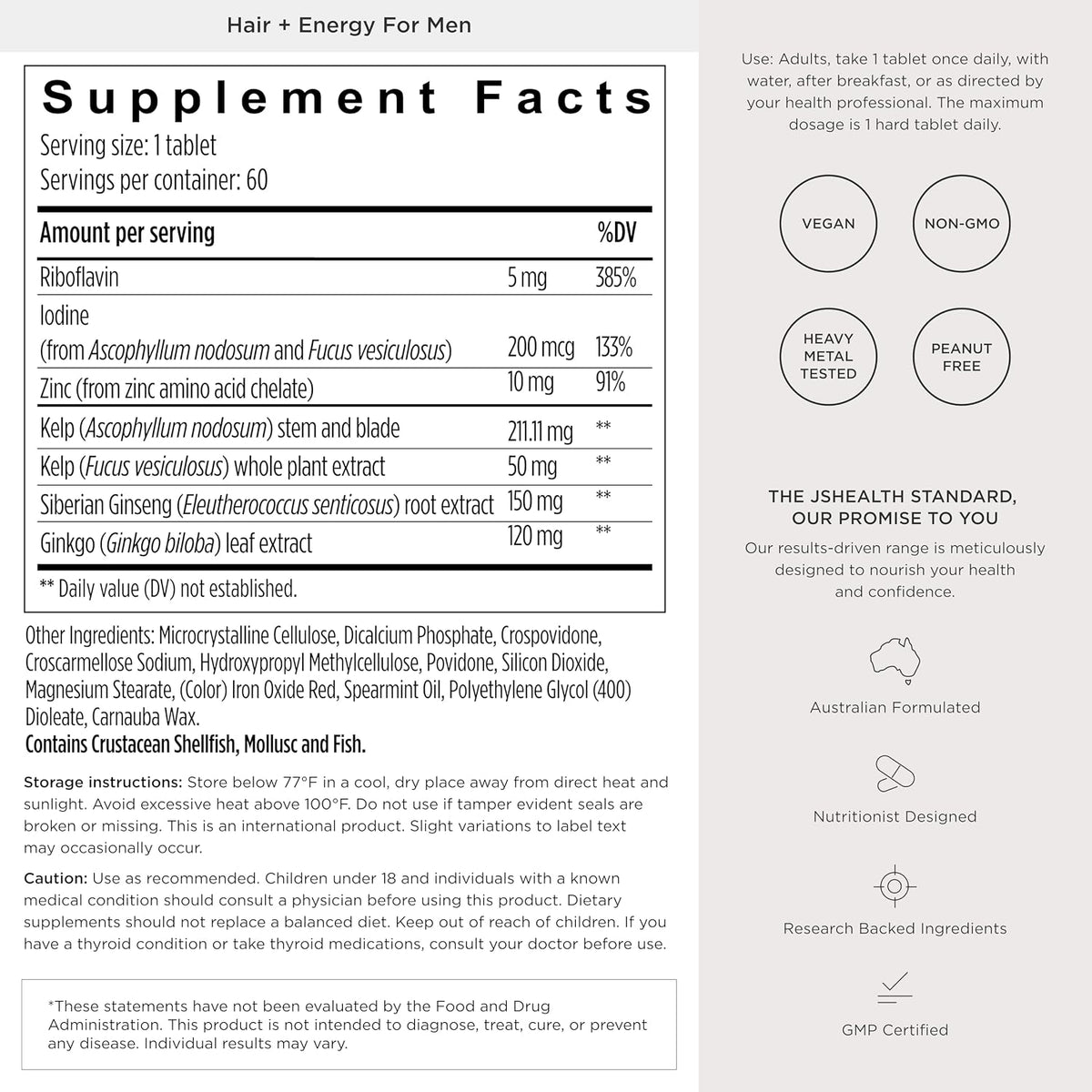 JSHealth Hair Growth Supplement for Men Nutritionist Formulated - 60 Count | Made with Kelp Iodine, Zinc, Siberian Ginseng, Ginkgo. Supports Hair, Healthy Hormone Levels, Energy, Stamina