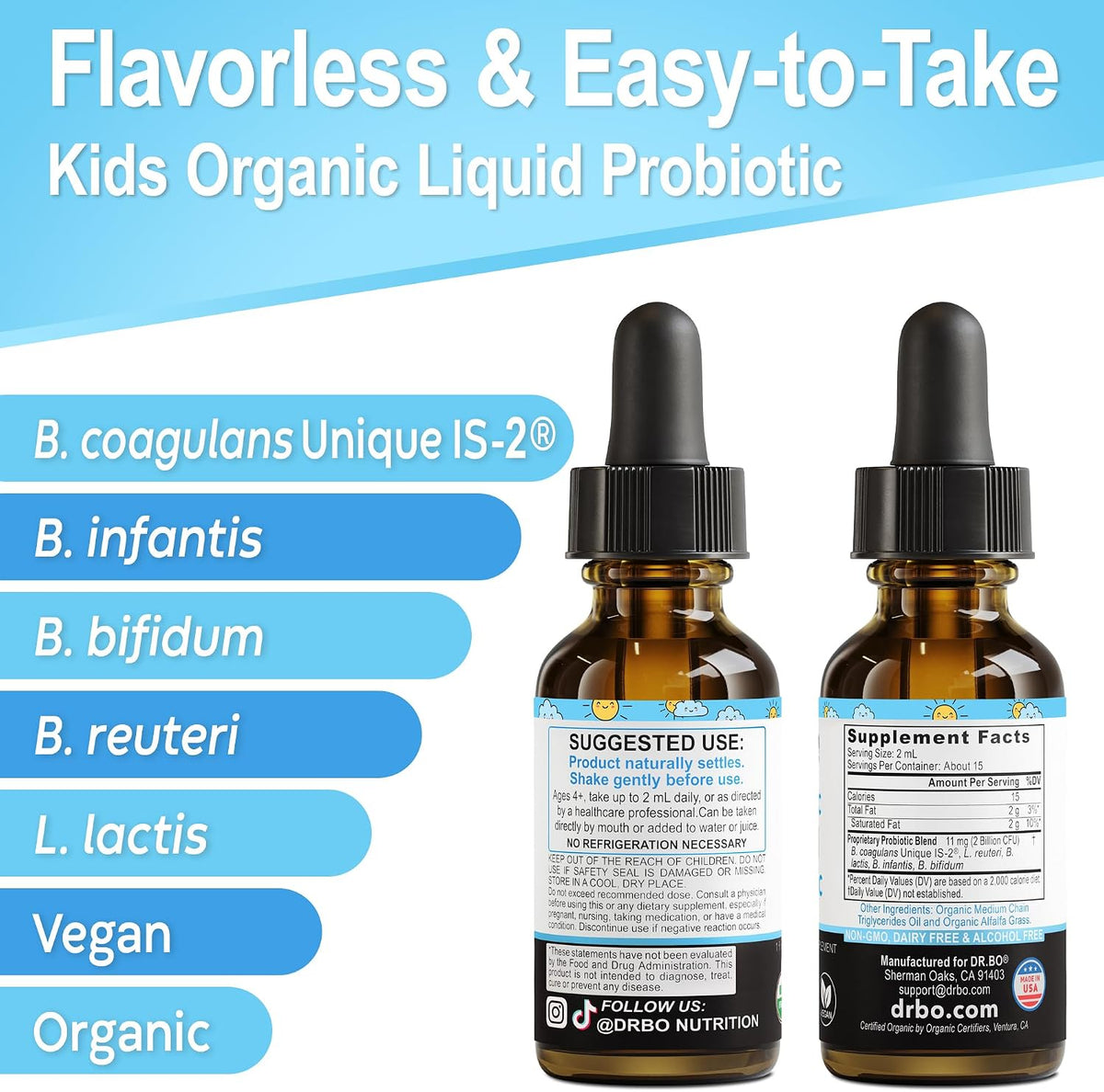 Kids Probiotic Liquid Drops Organic - Organic Probiotics for Kids Probiotics Age 4+, Digestive Health, Immune Support, Flora Gut Health Supplements - Vegan Kid Liquid Probiotic Drops, Non-GMO 1 Fl Oz