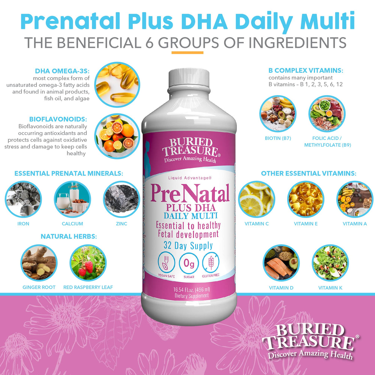 Buried Treasure Prenatal Plus DHA Complete, 16 oz, Natural DHA Omega3 Iron
