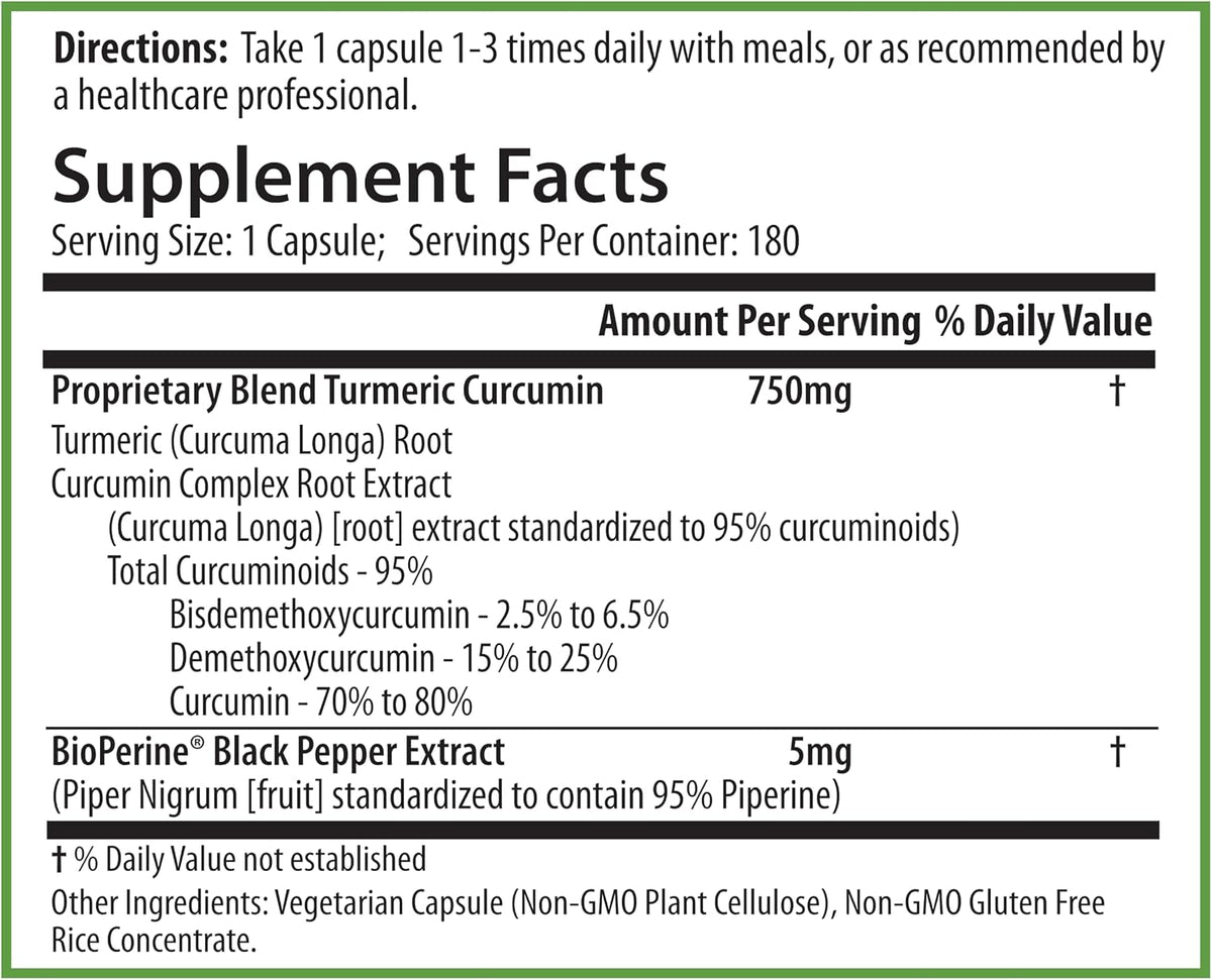 PURE® Turmeric Curcumin 750 mg - 180 Vegetable Capsules - Standardized to 95% Curcuminoids with BioPerine Black Pepper Extract - Antioxidant & Metabolic Support - Non-GMO, Made in USA