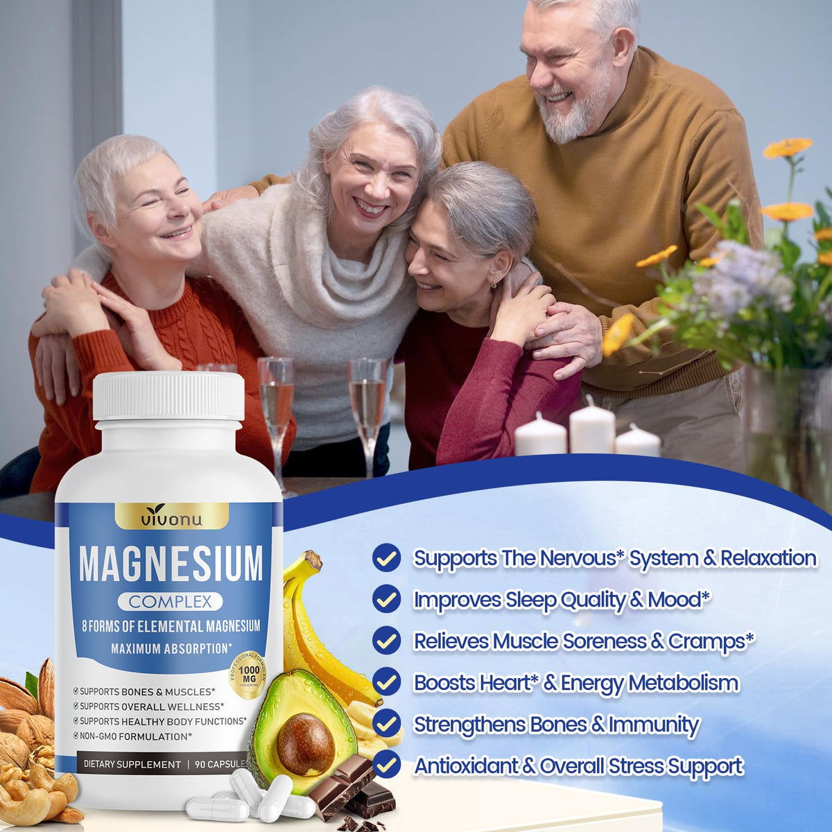 1000mg Magnesium Complex for Women & Men*, 8 Elemental with Magnesium Glycinate, Citrate, Malate, Taurate, Oxide, Carbonate, Aspartate, Orotate for Bones, Muscle, Recovery, Energy, Vegan, 90 Capsules VivoNu buy supplements Au