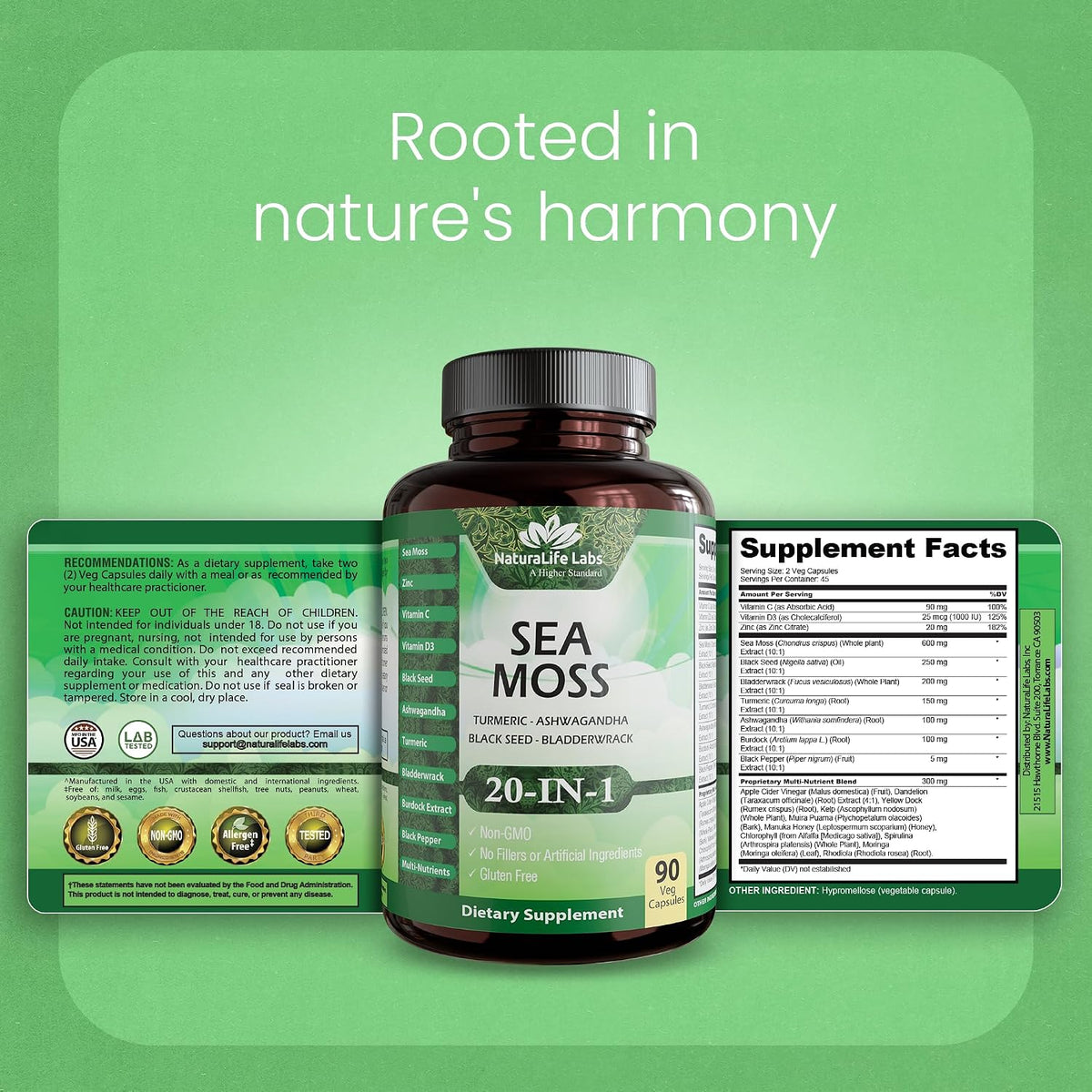 Sea Moss, Black Seed Oil, Bladderwrack, Turmeric, Ashwagandha, Burdock, Vitamin C, D3, Yellow Dock Root, Manuka, Dandelion - 90 Veggie caps