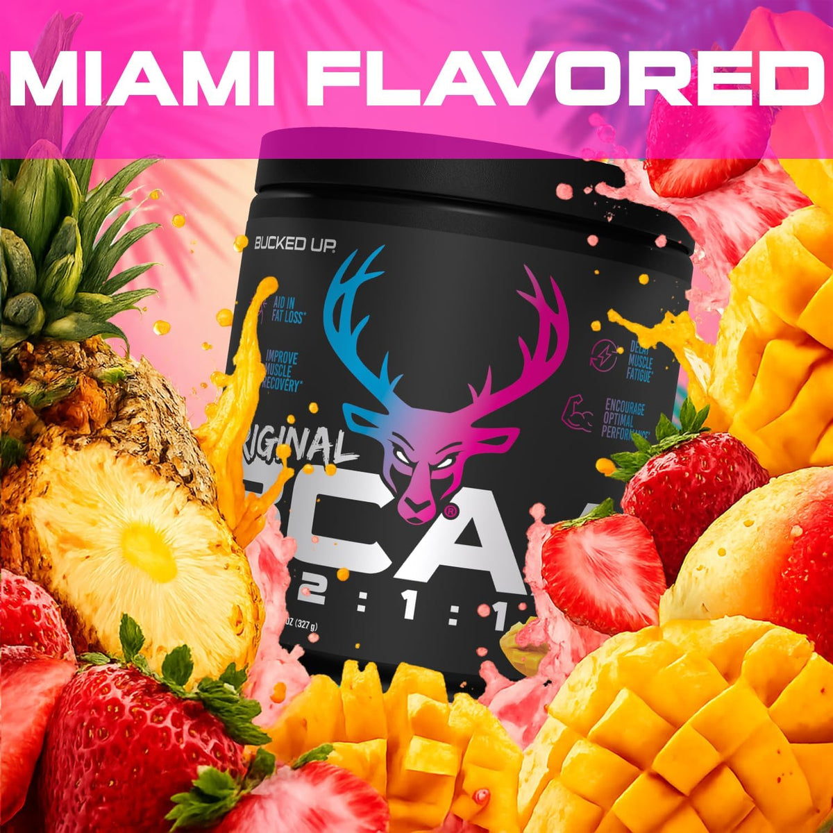 Bucked Up Original BCAA 2:1:1 Branched Chain Essential Amino Acids - Supplement Powder - | 100% Pure 2:1:1 Instantized Formula | Pre/Post Workout | 30 Servings | (Miami Flavor)