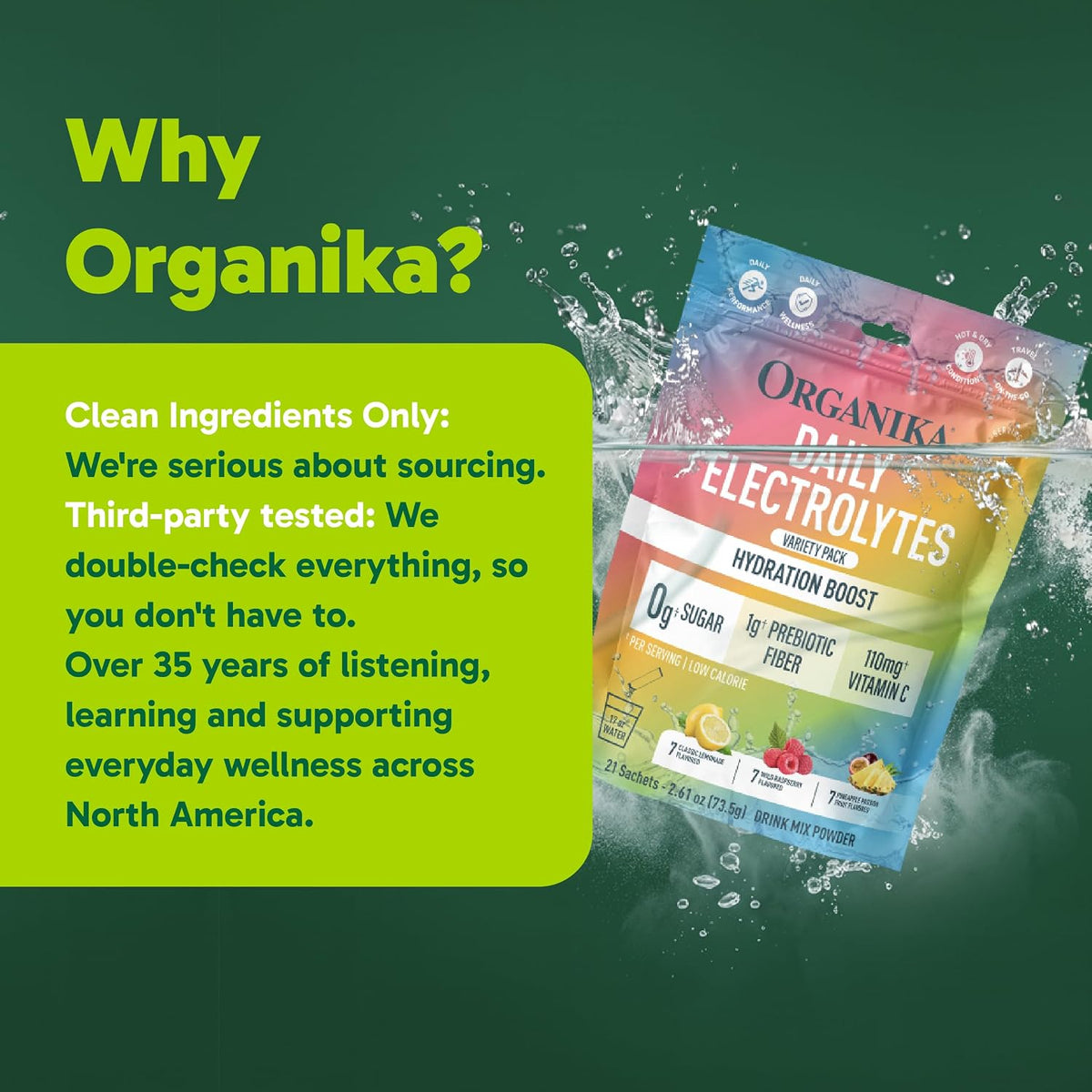 Organika Daily Electrolytes Powder Variety Pack with Vitamin C & Prebiotic Fiber – 21 Single-Serve Sachets (Lemonade, Raspberry, Pineapple Passion Fruit), Sugar-Free, Caffeine-Free