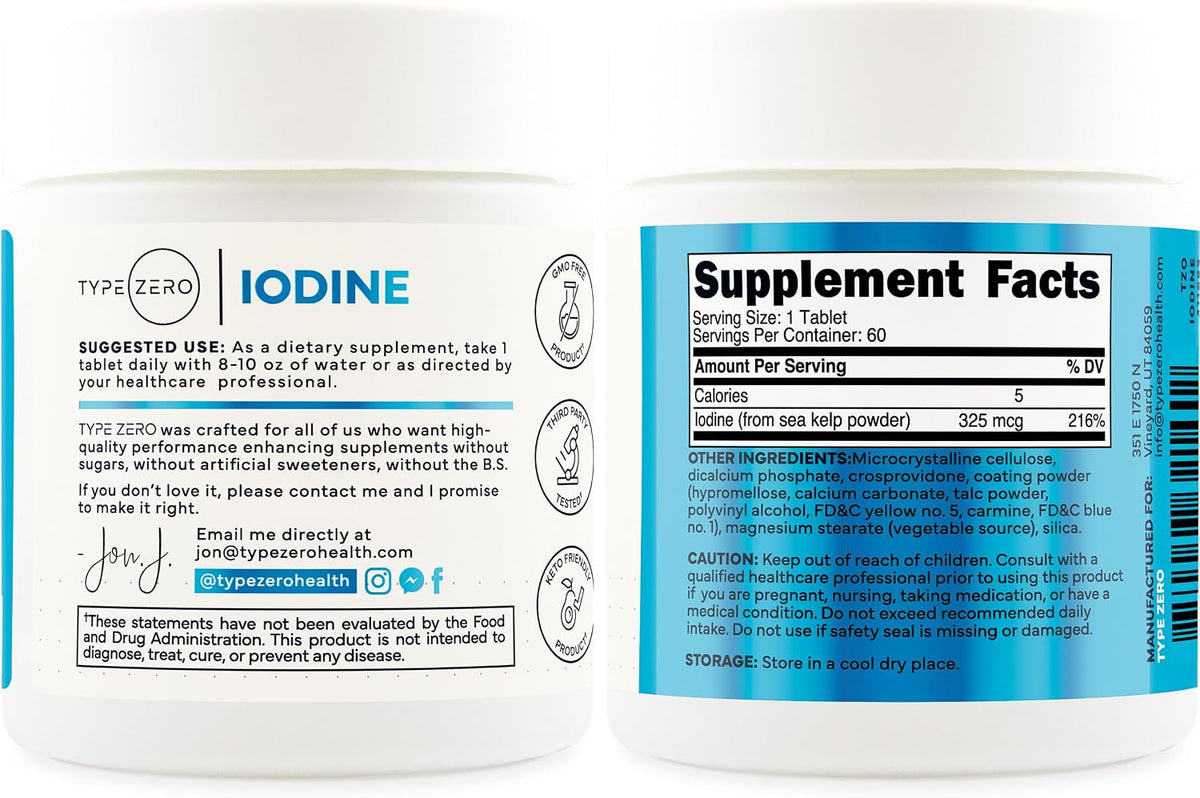 Type Zero Clean Iodine (325mcg) 60 Tablets, from Sea Kelp, Gluten-Free | GMO-Free